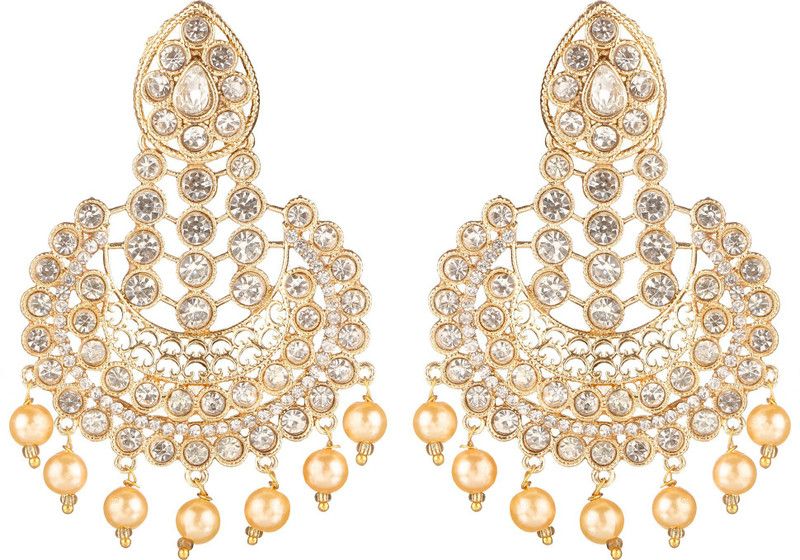 Fashionable Latkan Pearls White Stone Dangle Earring For Women Diamond Alloy Chandbali Earring