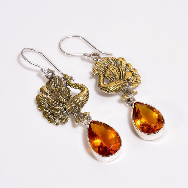 Citrine Pear Vintage Handmade 925 Sterling Silver Dangle Earrings 2.2" SE-108 Citrine Sterling Silver Drops & Danglers