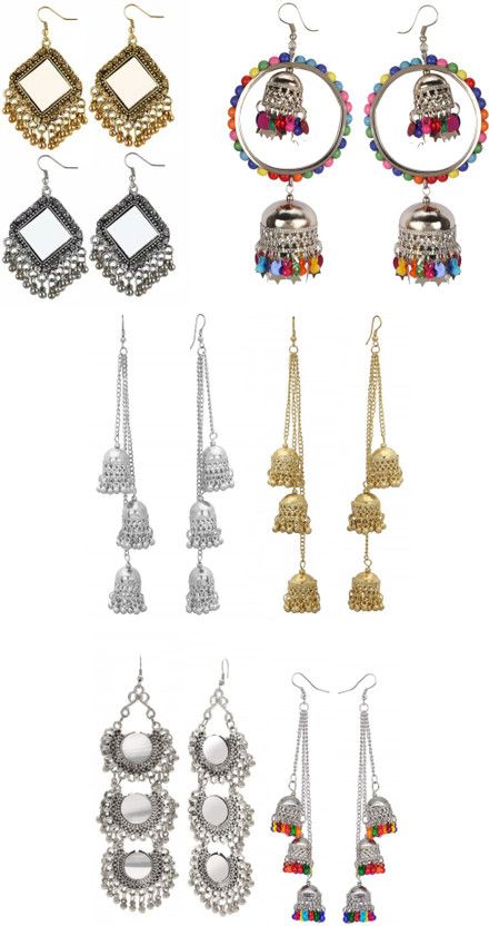 Combo of 7 Afghani Earrings Bohemian Style Party Wear Oxidized Silver Tribal Collection Chandbali and Dangler Earrings German Silver Chandbali Earring Alloy Earring Set