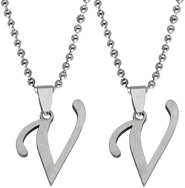 Set Of 2 Silver Name English Alphabet 'V' Letter Pendant Locket Necklace Chain Silver Stainless Steel Locket Set