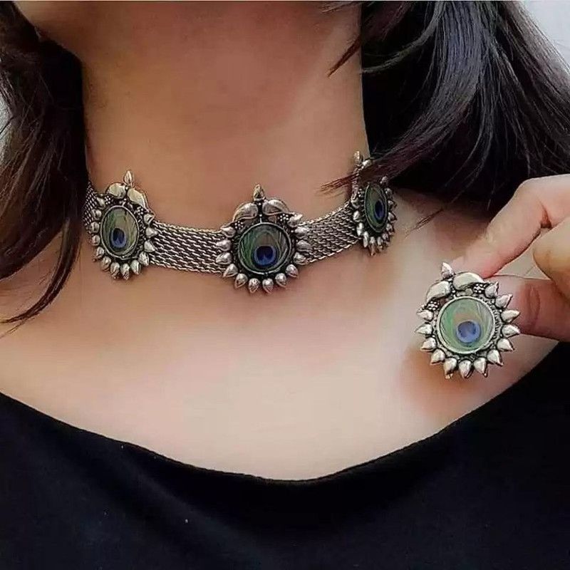 Oxidised Silver Sterling Silver Silver, Green, Blue Jewel Set  (Pack of 1)