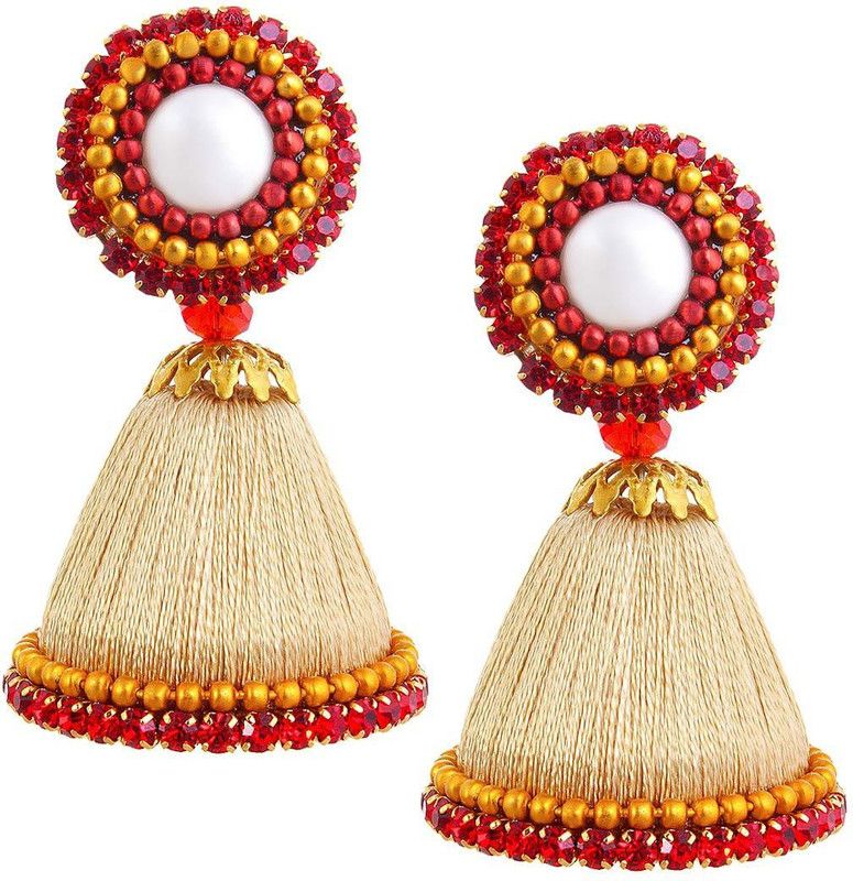 Silk Thread Work Beige Jhumki Silk Dori Jhumki Earring