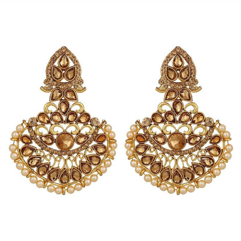 Piah Gold Plated LCT Traditional Indian Bollywood Ethnic Wedding Bridal Kundan And Pearls Statement Chandbali Earrings For Women Pearl Brass Chandbali Earring