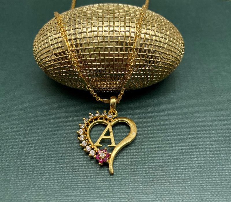Excellent Finished Valentine's Pink Flower Heart Initial "A" Letter Gold-plated Latest Style Design New Model Cubic Zirconia Alloy Pendant And Mangalsutras Gold-plated Diamond Bronze Pendant Set