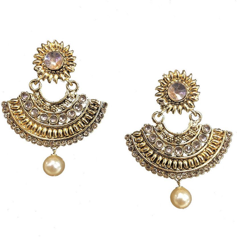 Traditional Studded Crystal Flower Design Drop Stud Earrings-Golden Crystal Alloy Chandbali Earring