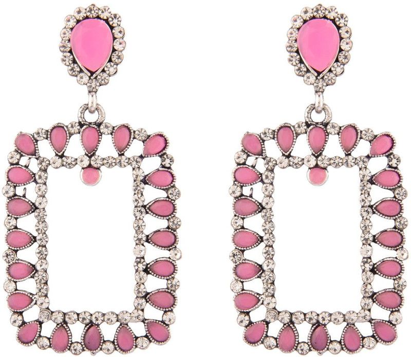 Women's Oxidised Crystal Dangle Earrings, Pink Alloy Drops & Danglers