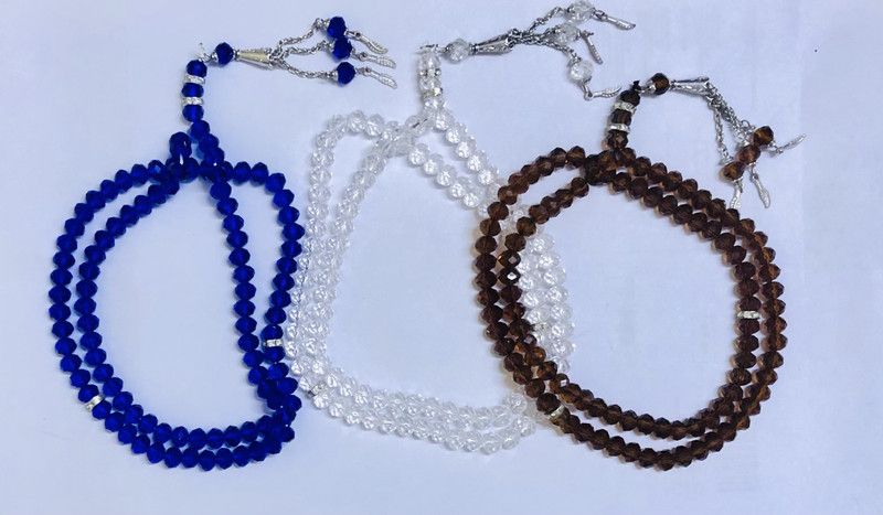 Pack of 3 Premium Beautiful Crystal Tasbeeh/Tasbih/Mala/Beads 10 MM with Diamond Cut (Blue; White; Brown) Beads Crystal Chain
