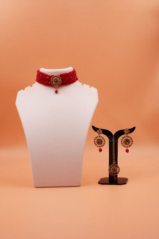 Brass, Plastic Gold-plated Red Jewel Set  (Pack of 1)