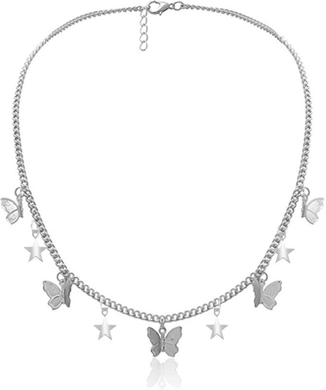 Womens Silver Butterfly Star Chain Metal Necklace