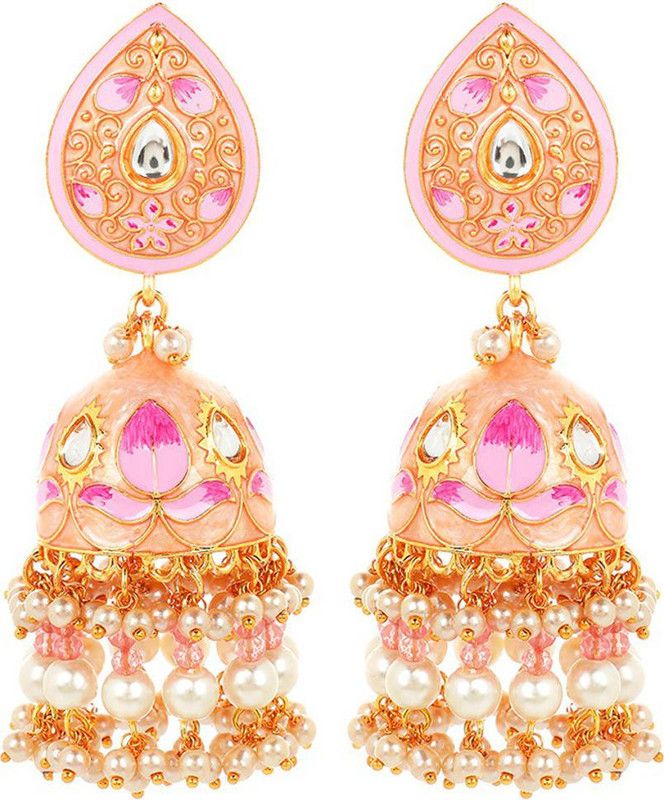 Ethnic Gold Plated Traditional Moti Beads Pink Meenakari Design Jhumka Earrings for Women and Girls Alloy Jhumki Earring