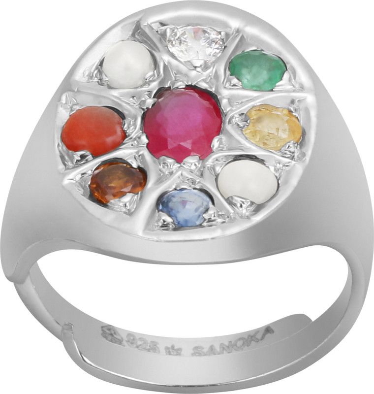 Navratan Silver Zircon, Coral, Pearl, Sapphire Silver Plated Ring