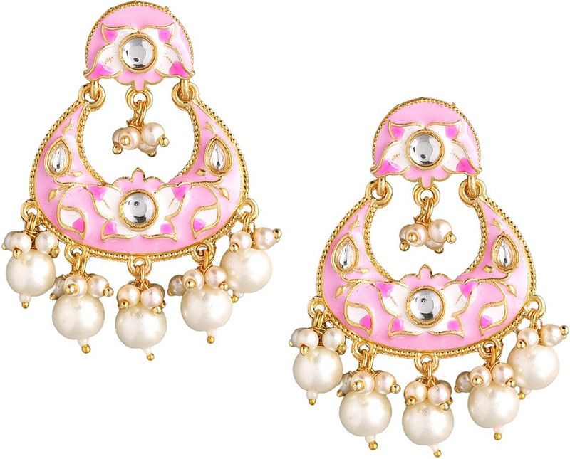Traditional Gold Toned Pink Lotus Flower Design Pearl Meenakari Chandbali Earrings for Women and Girls Pearl Alloy Chandbali Earring