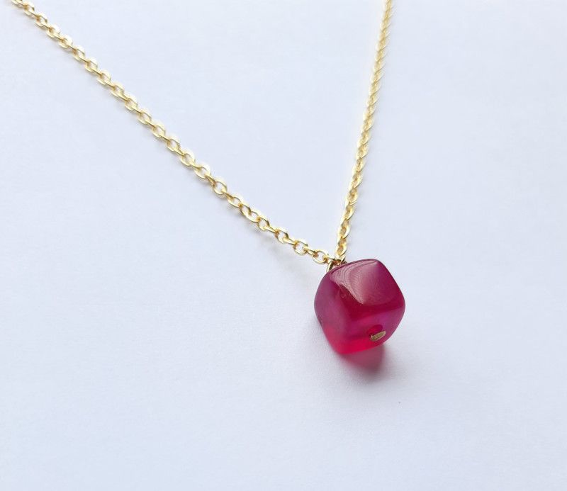 Semi - Precious Cube Stone Necklaces Rose Quartz, Agate, Gold-plated Plated Alloy Necklace