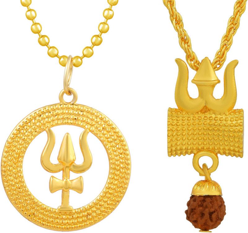 Gold Plated Brass 24KT, Lord Mahadev Symbol in Trishul with Dotted Design, Mahakaal, Shiva, Bholenath, Combo Pendant Locket Necklace for Men and women Gold-plated Brass Pendant