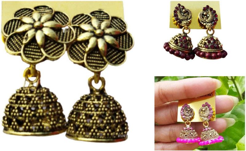 Twinkling Beautiful Kundan Jhumka For Girls and women (combo of 3) Beads Alloy Jhumki Earring