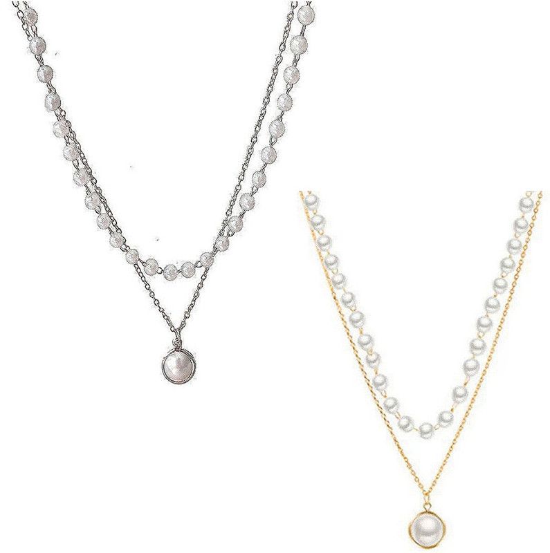 Pack Of 2 Gold and Silver Layered Pearl Drop Pendant Gold-plated Plated Alloy Necklace