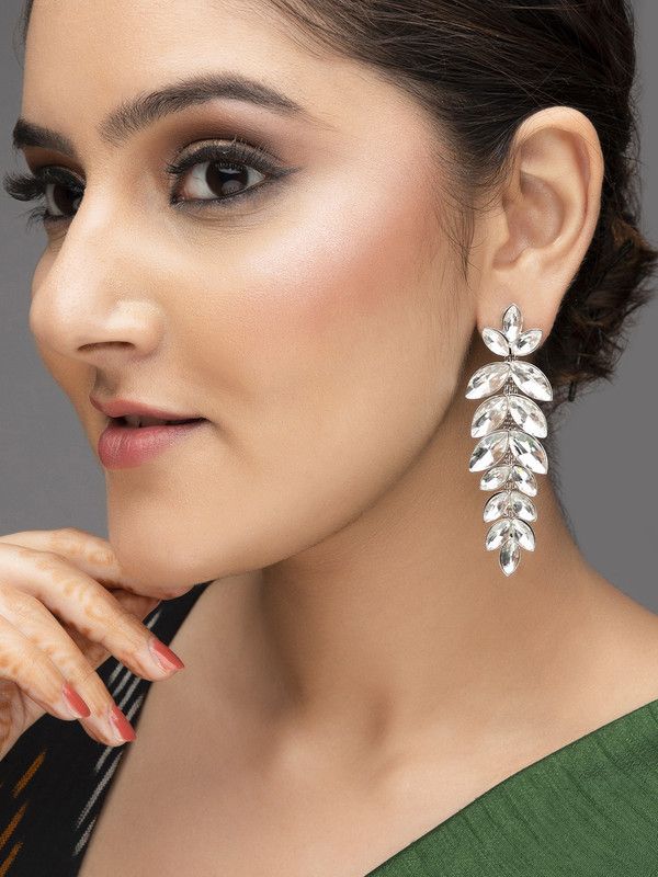 Rubans Basic Silver Plated Handcrafte Gold Stone Studded Leaf Shape Drop Earring Silver Drops & Danglers
