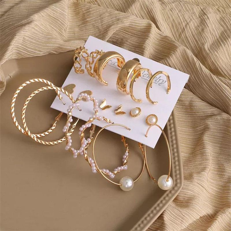 9 Pair Latest Gold Hoop stud Earrings combo Jewelry for Women and Girls Metal Earring Set