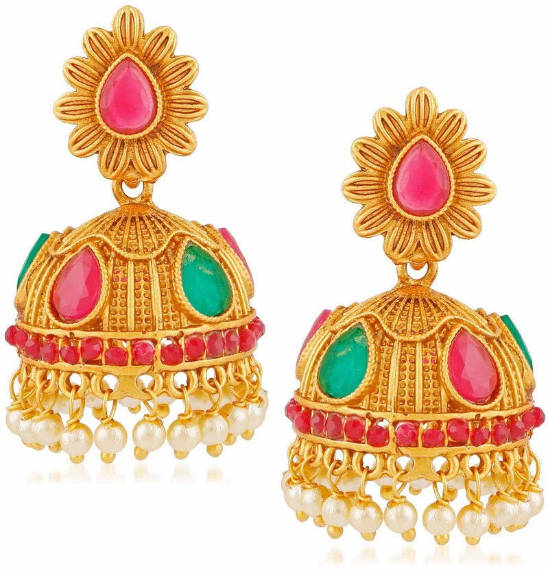 South Indian Traditional Temple Jewellery Matte Gold Bridal Party Wear Stylish Moti Kundan Red Green Earrings For women Girls Emerald, Pearl Copper, Brass Earring Set, Jhumki Earring