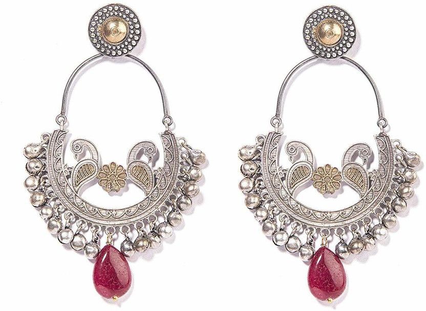 Gempro Gemstones Genuine Red Jade Peacock Traditional Oxidized Ethnic Chanbali Earrings for Women Jade Brass Drops & Danglers