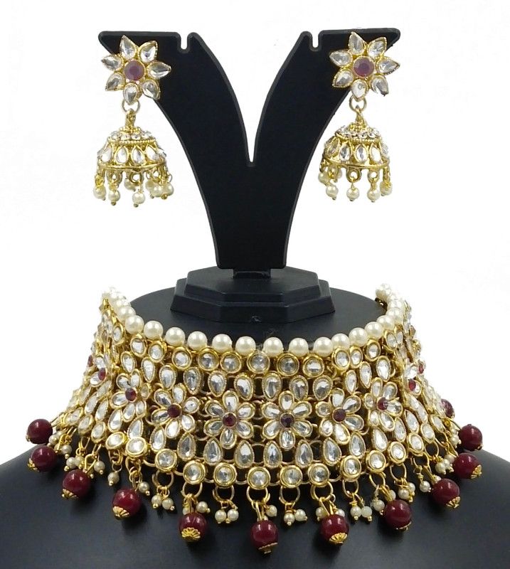 Brass, Metal, Dori, Plastic, Alloy Gold-plated Maroon Jewel Set  (Pack of 1)
