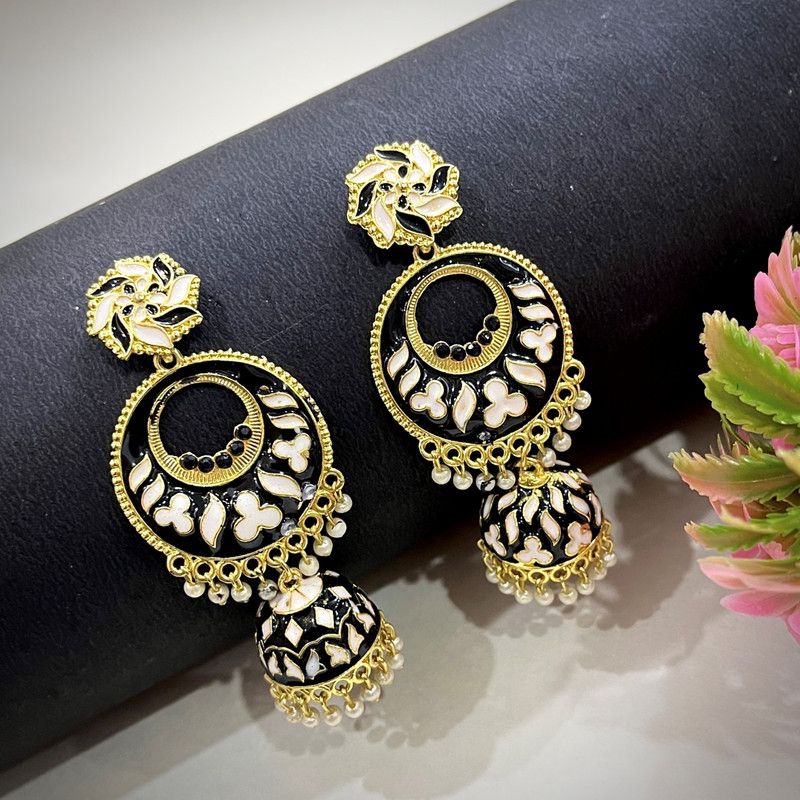 (Meena Floral Bali D1-Black) Elite Design Earrings For Girls & Women Alloy Jhumki Earring