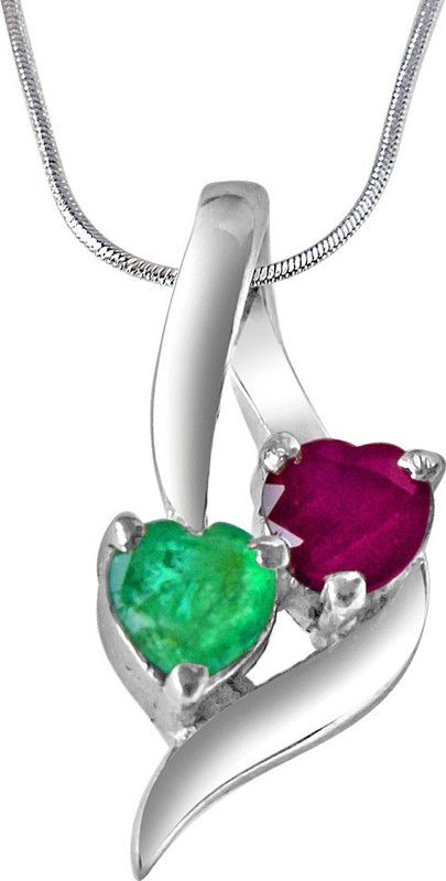 Time To Remember Green Emerald, Red Ruby & 925 Sterling Silver Pendant with 18 IN Chain (SDP310) Sterling Silver Ruby, Emerald Sterling Silver Pendant