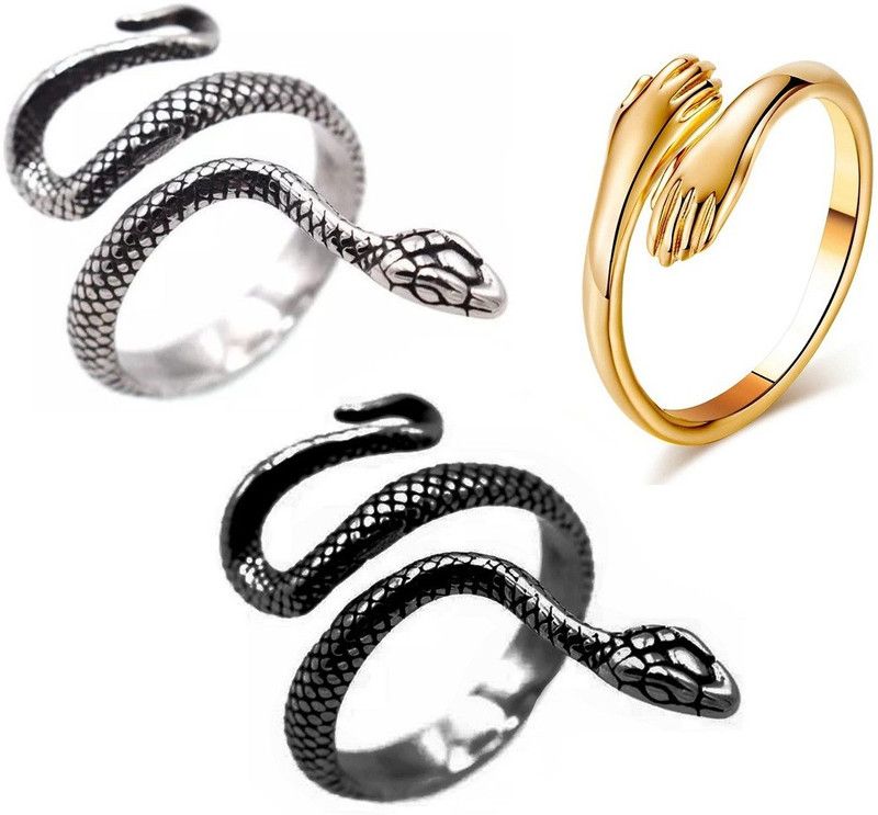 Pack Of 3 CMB7908 Love Couple Hand Hug Me And Shiva Snake/Sarp Thumb Finger Ring Stainless Steel Ring