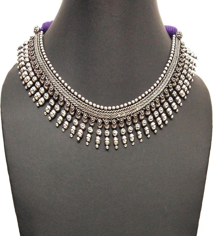 athizay Blue Thread Necklaces for Women Antique Silver Oxidised Beads Choker Metal Thread Jewelry for Women and Girl (Tall) Black Silver, Silver Plated Metal Necklace