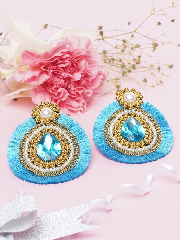 Gold-Plated Blue & Gold Fabric Handcrafted Contemporary Drop Earrings Fabric Drops & Danglers