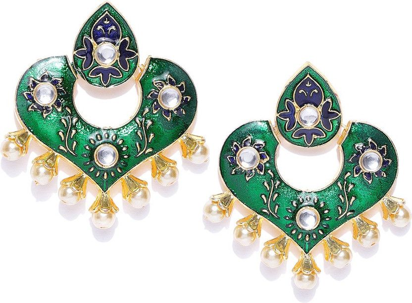 Green & Gold-Plated & Off-White Handcrafted Contemporary Drop Earrings Topaz Brass Stud Earring