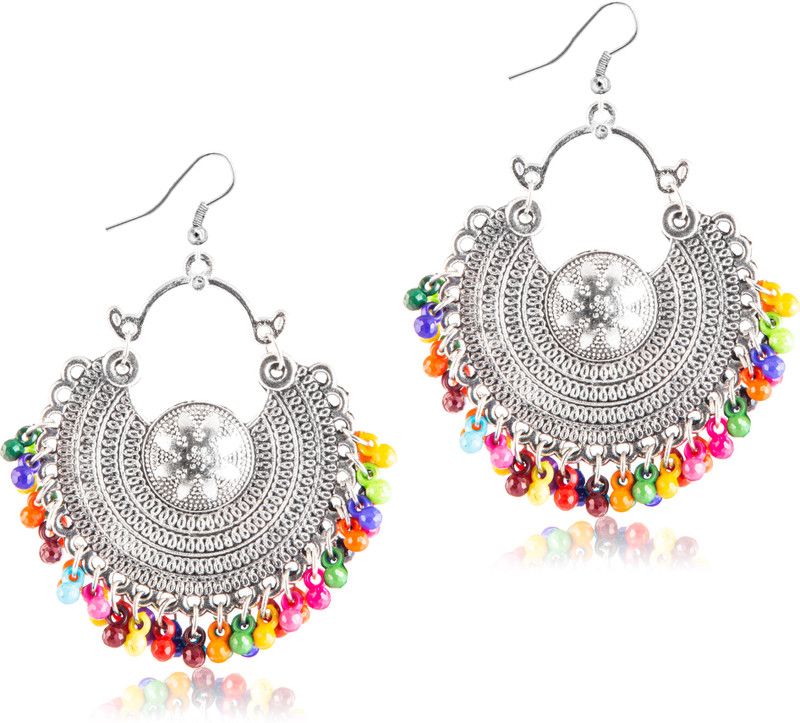 Charming & Antique Silver Oxidised Earrings With Multicolor Ghungroos For Women And Girls Brass, Alloy Chandbali Earring