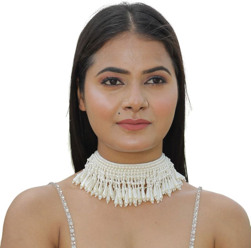 Handmade White Latkan Fabric, Mother of Pearl, Glass Choker