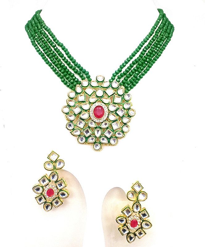 Brass Gold-plated Green, White, Pink Jewel Set  (Pack of 1)
