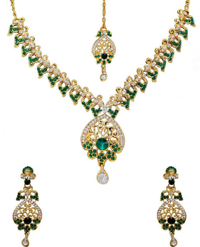 Brass Gold-plated Green, Gold, White Jewel Set  (Pack of 1)