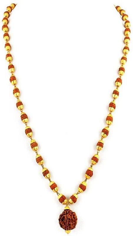 36+1 Big Rudraksha Mala With Golden Cap Wood Chain Set