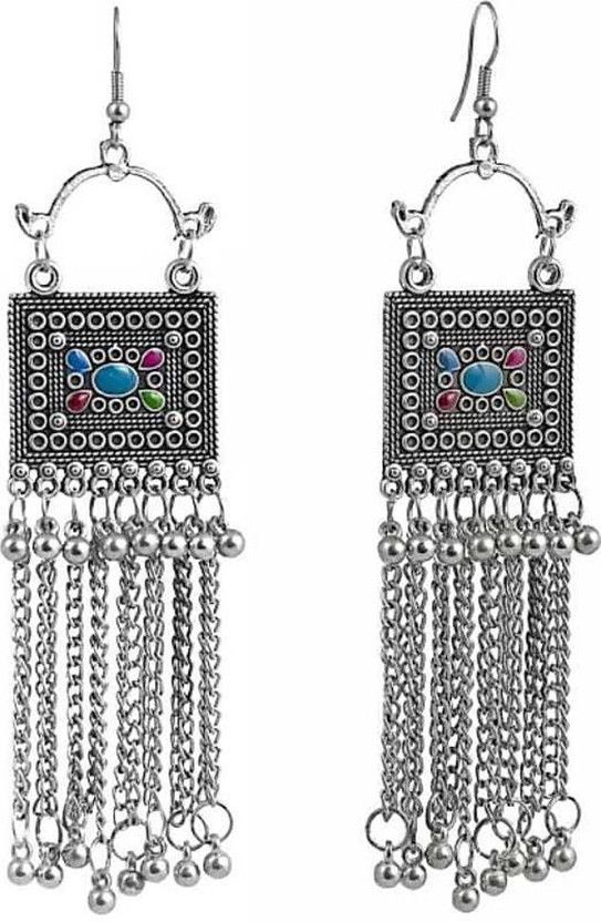 JMBW SILVER OXIDISED CHAIN DROUP EARR Alloy Drops & Danglers