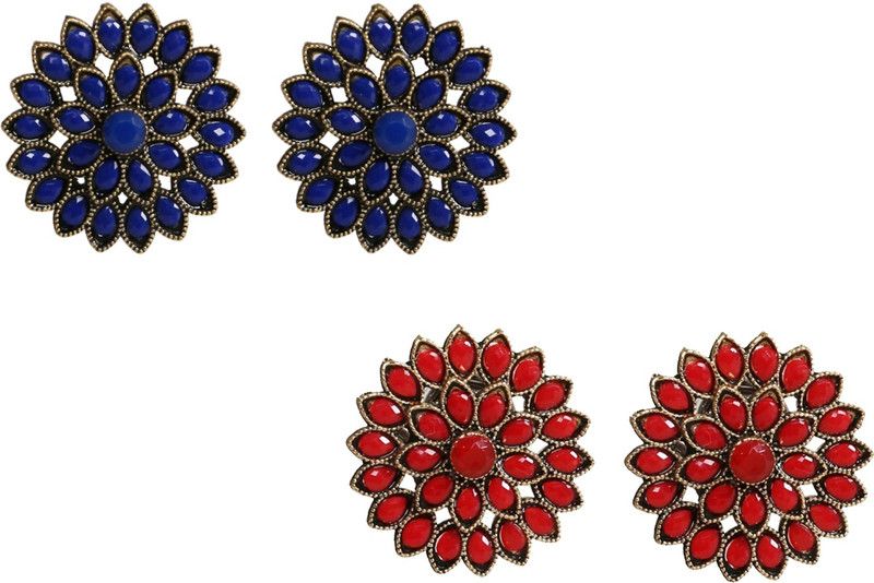 UNIQUE ANTIQ BLUE AND RED FLOWER STUDS 2 SETS Alloy Stud Earring