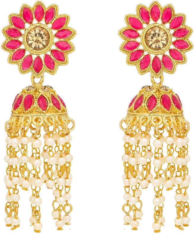 Pink Floral Diamond, Pearl Alloy Jhumki Earring