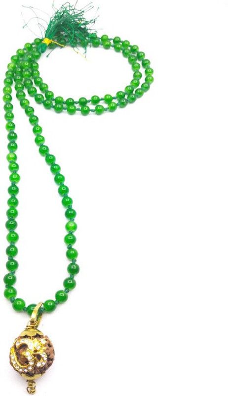 Raviour Lifestyle Lord shiv punchmukhi rudraksha Om pendant With Green Hakik Agate 108 beads Mala For Good Luck and Mahadev Blessing Agate Silk Dori Chain