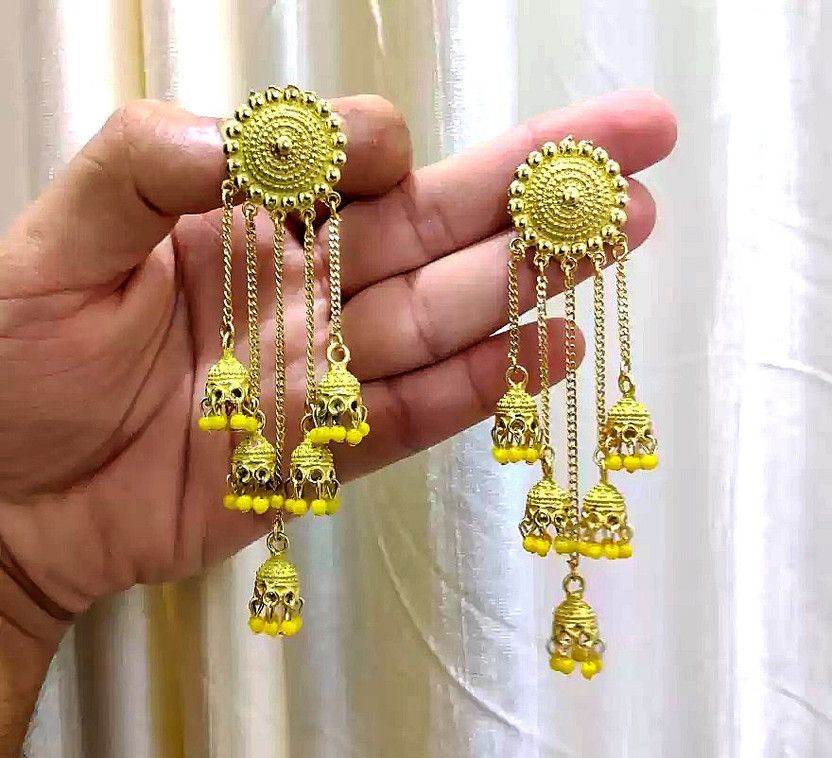 Yellow Jhumka stylish partywear Silver Bridal wedding earrings for women & girls Pearl Alloy Jhumki Earring