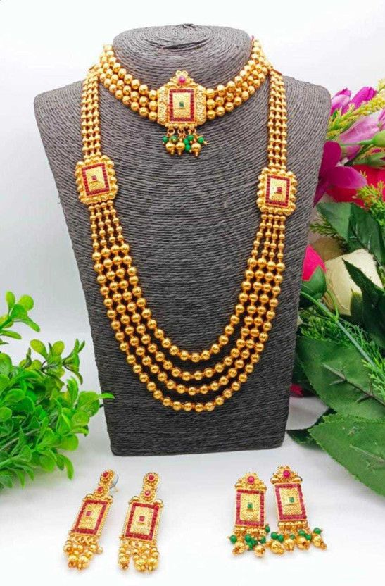Brass Gold-plated Gold, Green, Pink Jewel Set  (Pack of 1)