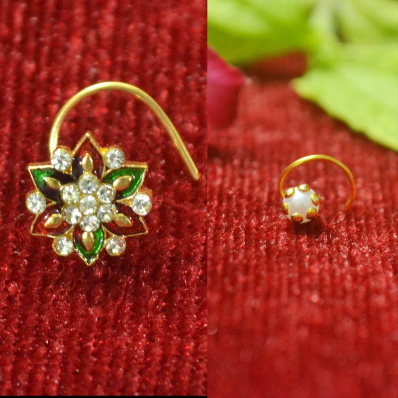 SHREEVARAM Gold-plated Plated Brass Nose Ring Set  (Pack of 2)