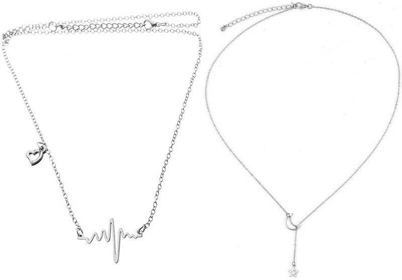 Womens Silver Heartbeat & Moonstar Chain Necklace: pack of 2 Metal Necklace Set
