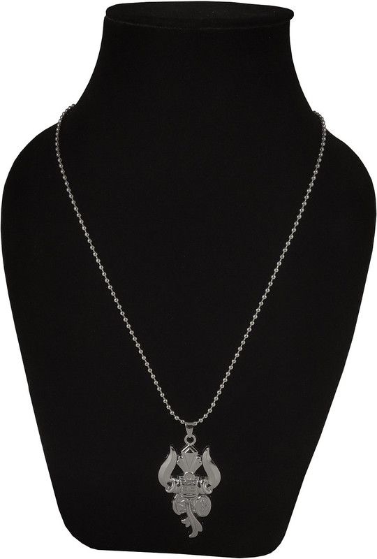 Metal Fancy & Stylish Solid Silver Plated Mahadev Bolenath Mahakaal Lord Shiva/Shivji Shankar Trishul With Damru Locket Pendant Necklace With Ball Chain For Men & Women Silver Stainless Steel Pendant Set