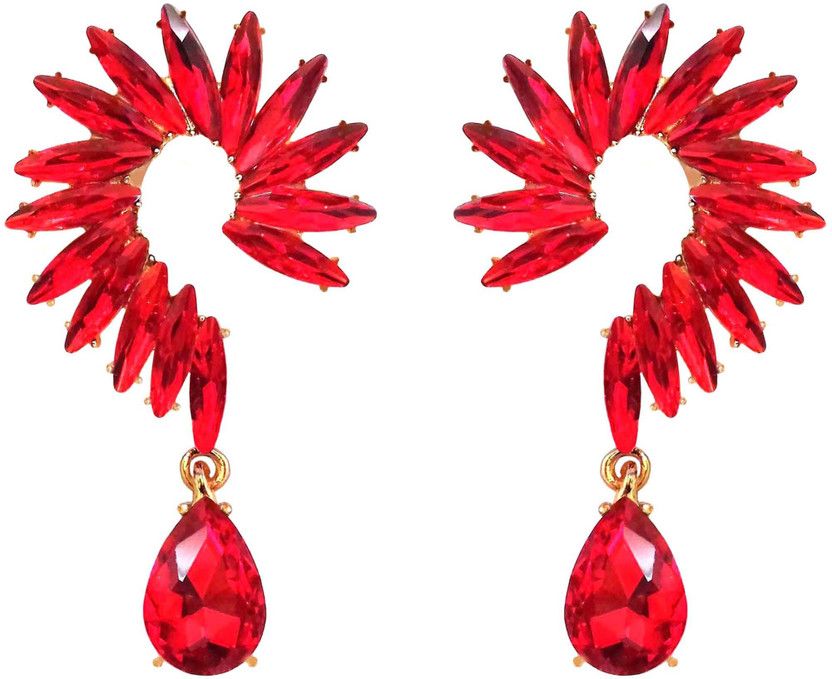 Red Colour Rhinestones Studded Feather Earrings/Fashion Jewellery/Stylish Fancy Party Wear Earrings For Women/Girls Alloy Drops & Danglers