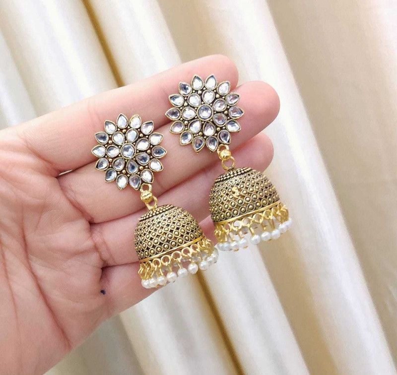 Trendy Sunflower Gold Jhumka For Girls and Women. (White Color) Brass Jhumki Earring