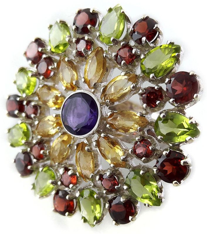 Amethyst Flower Ring Silver Amethyst, Citrine, Peridot, Garnet Silver Plated Ring