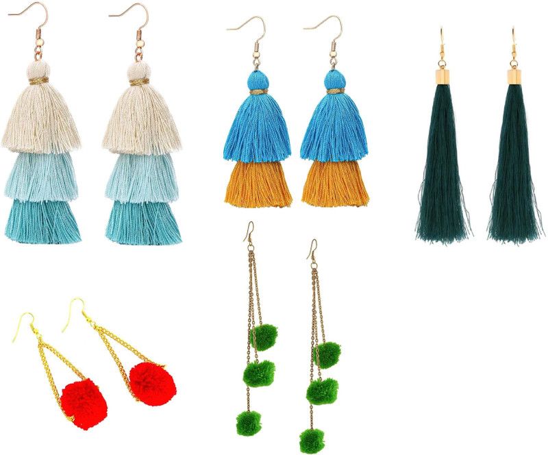 Ayan Creation Handmade Pom Pom & Tassel Earring For Women & Girls ( Pack Of - 5 Pair ) Fabric Tassel Earring