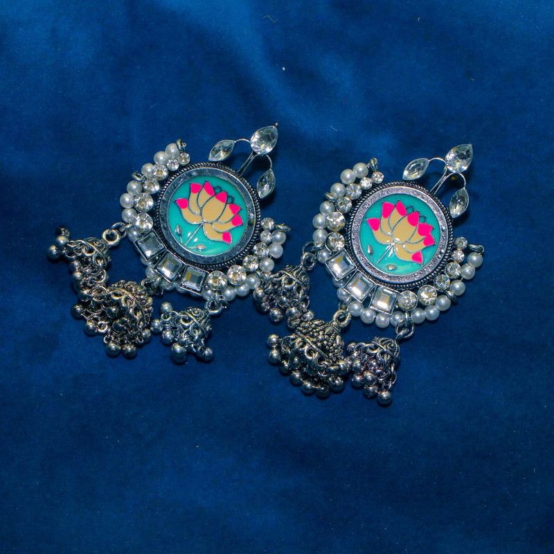 Korean Stylish Lotus Flower Sea Blue Trendy Earring/Jhumka for Women & Girls Pearl Alloy Jhumki Earring